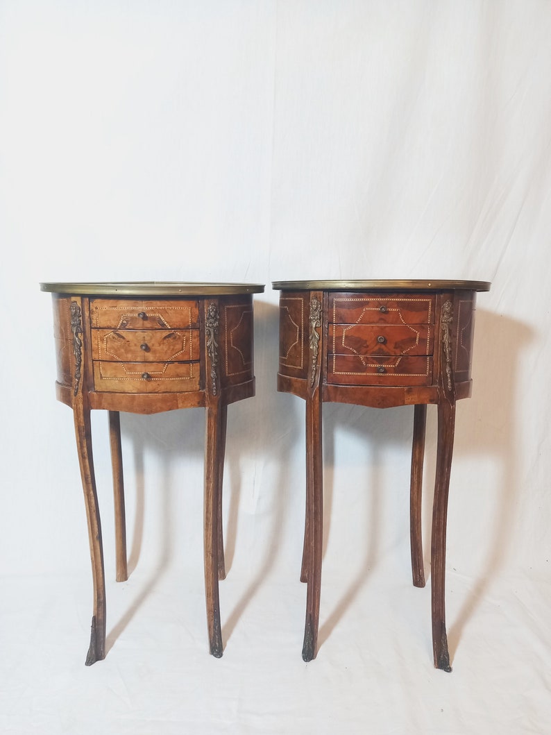 Antique Side Tables / Nightstands with Marquetry in the Louis XV-XVI Transition Style image 2