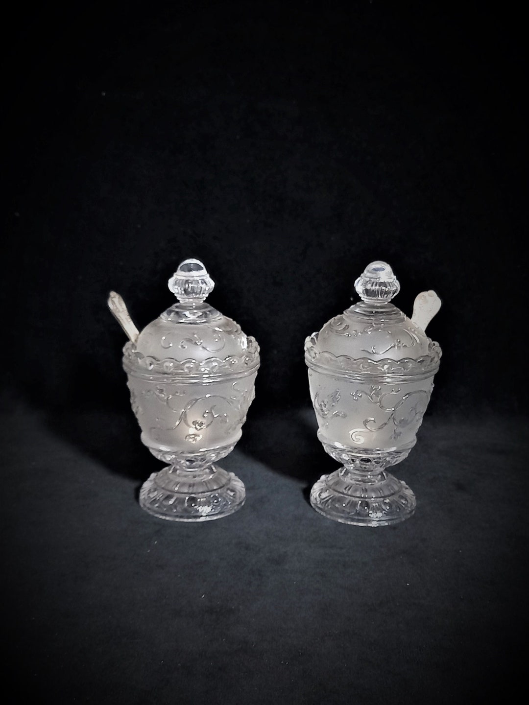 Pair of Antique Baccarat Crystal Condiment Pots With Bird of Paradise