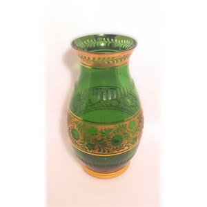 Emerald Green Glass Vase with Gilt Floral Décor and Cut Details image 1