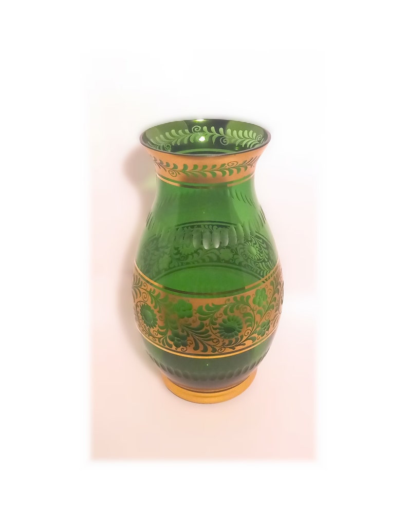 Emerald Green Glass Vase with Gilt Floral Décor and Cut Details image 1