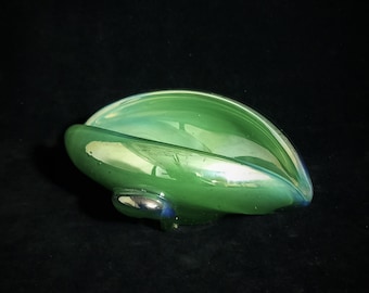 Green Iridescent Art Glass Bowl with Sculptural Conch-Like Shape