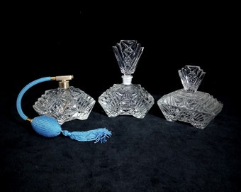 Art Deco Three Piece Vanity Set in Clear Glass with Cut Crisscross Design