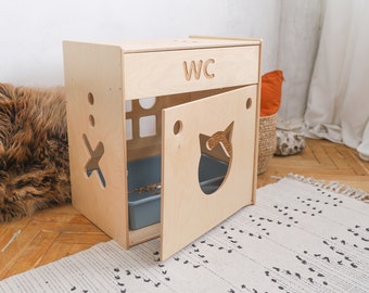Furniture Style Cats Litter Box, Wooden Cat Cabinet with Tray and Front Entry, Floor Cat House by WowHelperCo
