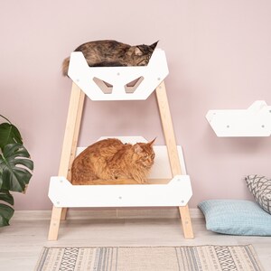 Cat perch shelves SET of a tower-bed and a shelf-step for LARGE cat breeds with a scratching board Large cat highway Unique cat tree