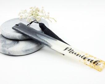 Black and Pearl White Handmade personalised Epoxy Resin Bookmark | Gold or Black tassel |