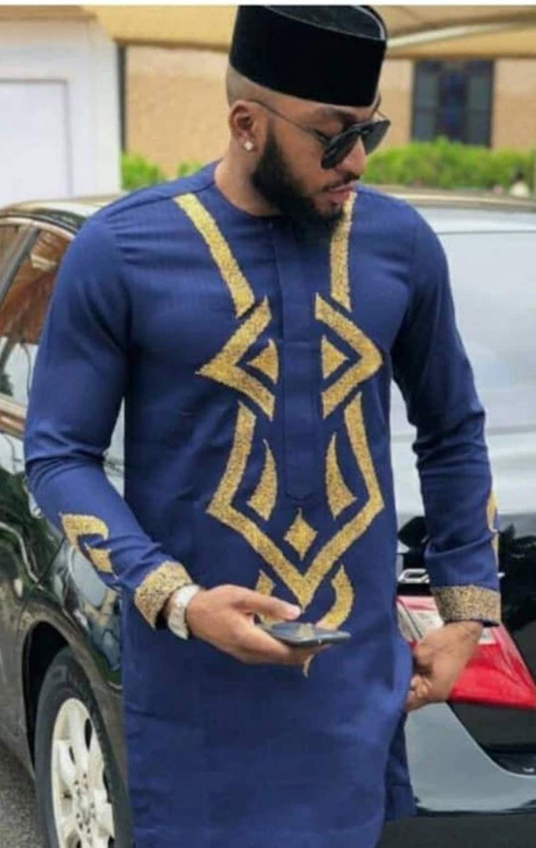African Embroidered Dashiki Shirt - Gold and White Men's Cotton Top main image 0