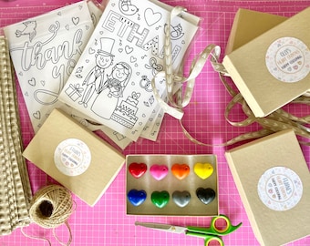 Wedding favours, A5 personalised colouring prints with the option of personalised heart wax crayons