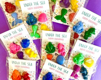 Under the Sea Shaped Wax Crayons/Party Packets. Each packet will contain 4 wax crayons. The A7 biofilm packets are biodegradable.