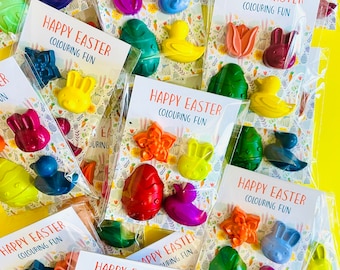 Easter Party Packet, each packet has a set of 4 Easter themed wax crayons, Easter backing card with Happy Easter message.