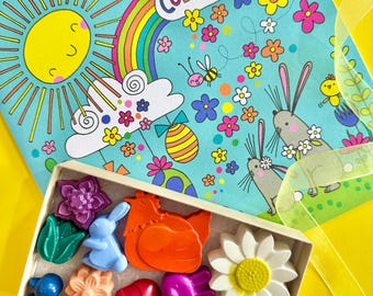 Easter personalised box of 11 shaped wax crayons and an Easter themed colouring book