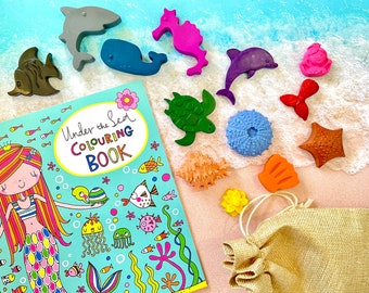 Under the Sea Personalised Crayon Colouring Set - 13 different shaped wax crayons & colouring book set, personalised A4 print (optional).