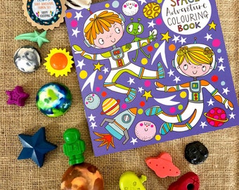 Space Adventure Personalised Gift Set, with 12 Crayons and 12 Page Colouring Book