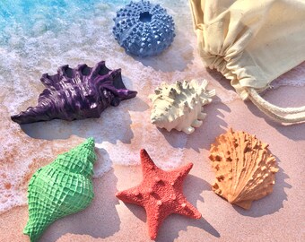 6 Seashell Style Wax Crayons with natural bag and personalised swing tag label