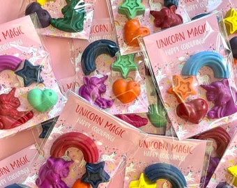 Unicorn Magic Shaped Wax Crayons/Party Packets. Each pack will contain 4 wax crayons. The A7 biofilm packets are biodegradable.