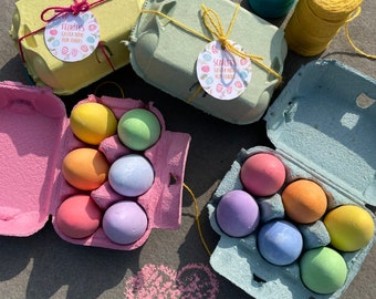 A set of 6 egg shaped patio play chalks with a personalised label and coloured egg box.
