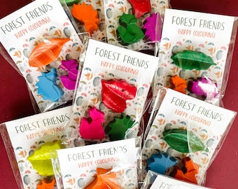 Forest Friends - Shaped Wax Crayons/Party Packets. Each pack will contain 3 wax crayons. The A7 biofilm packets are biodegradable.