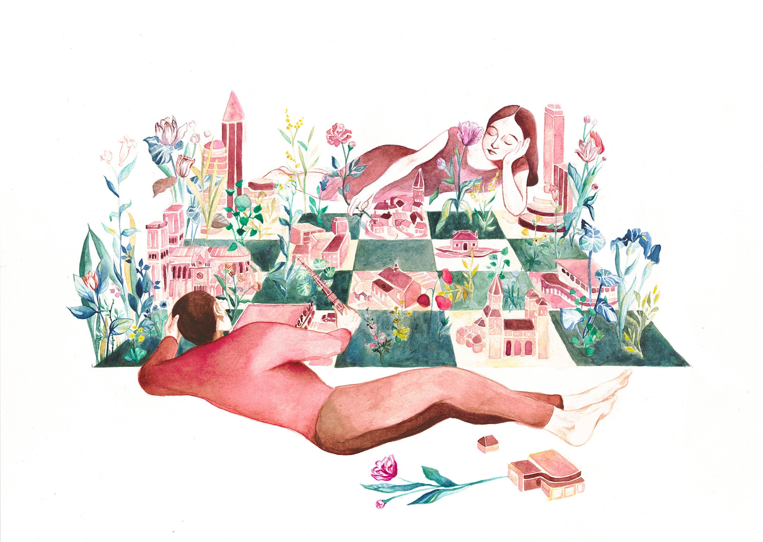 Illustration Délicate et Poétique à L'aquarelle - Architecture Botanique Amoureux Impression Numériq