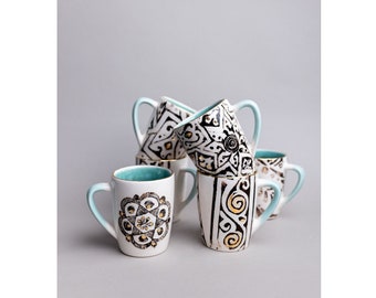 White And Turquoise Ceramic Mugs | Hand Made Black And Gold Pattern