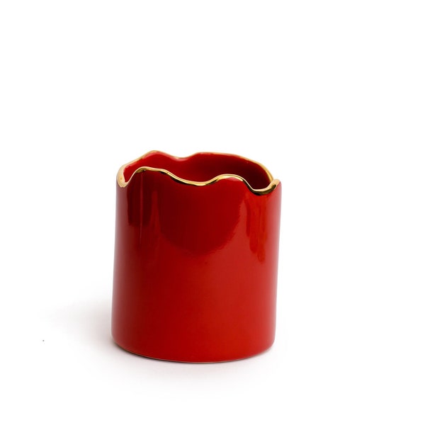 Red Handmade Ceramic Vase/Container With Gold Edges