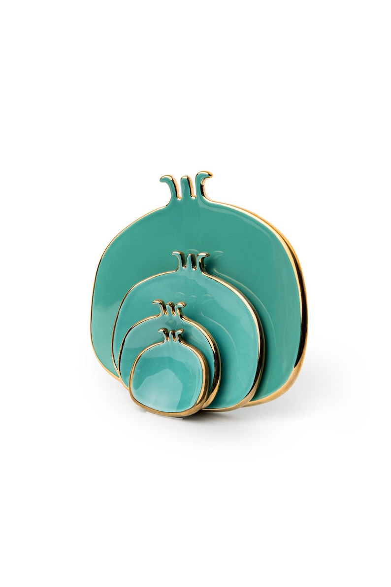 Turquoise Ceramic Decorative Pomegranate Plates With Gold Edges