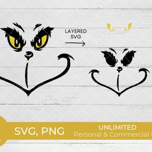 May include: Black and white Grinch face SVG cut file. The Grinch has a large nose and two large eyes. The SVG file is layered for easy cutting.