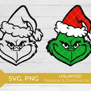 May include: A black and white illustration of the Grinch wearing a Santa hat, and a green illustration of the Grinch wearing a Santa hat.