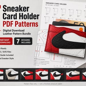 May include: A digital download bundle featuring 7 sneaker card holder PDF patterns. The image displays a red, white, and black leather card holder with a swoosh design, placed over a printed A4 pattern sheet with sewing instructions.