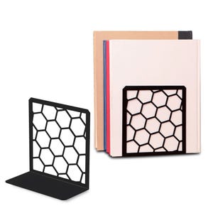 Honeycomb Book Ends (1 Pair) Unique Geometric Metal Bookends for Desks, Shelves