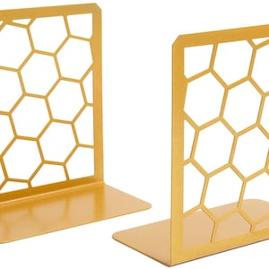 Honeycomb Book Ends 1 Pair Unique Geometric Metal Bookends for Desks, Shelves image 3