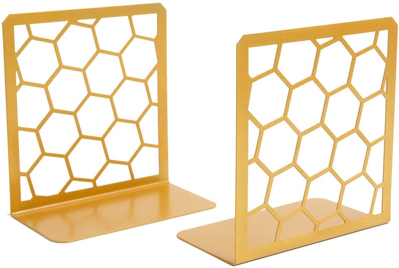 Honeycomb Book Ends 1 Pair Unique Geometric Metal Bookends for Desks, Shelves image 3