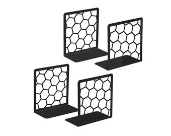 2 Pairs Premium Geometric Black Honeycomb Bookends for Shelves, Metal Book Ends Office, L-Shaped Stopper, Rustproof Decorative Unique Home