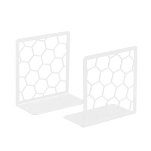 Honeycomb Book Ends 1 Pair Unique Geometric Metal Bookends for Desks, Shelves White