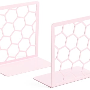 Honeycomb Book Ends 1 Pair Unique Geometric Metal Bookends for Desks, Shelves Pink