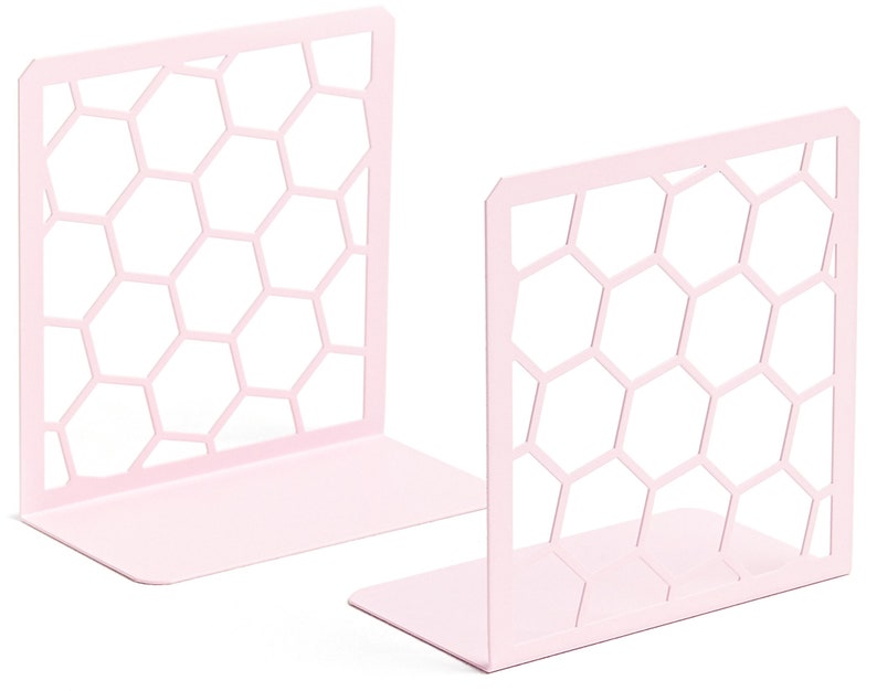 Honeycomb Book Ends 1 Pair Unique Geometric Metal Bookends for Desks, Shelves Pink