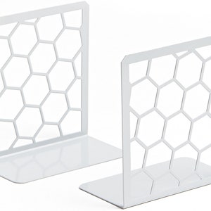 Honeycomb Book Ends 1 Pair Unique Geometric Metal Bookends for Desks, Shelves Gray