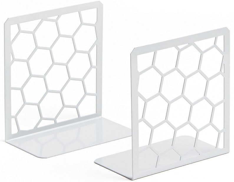 Honeycomb Book Ends 1 Pair Unique Geometric Metal Bookends for Desks, Shelves Gray