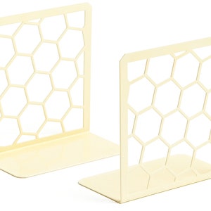 Honeycomb Book Ends 1 Pair Unique Geometric Metal Bookends for Desks, Shelves Yellow