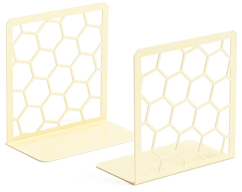 Honeycomb Book Ends 1 Pair Unique Geometric Metal Bookends for Desks, Shelves Yellow