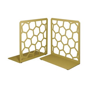Gold Metal Bookends for Books: Honeycomb Geometric Design, Modern Desk Shelf Accessory