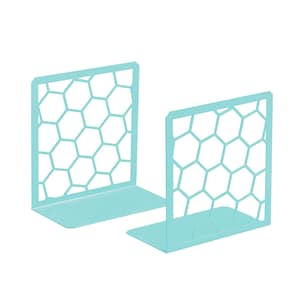 Honeycomb Book Ends 1 Pair Unique Geometric Metal Bookends for Desks, Shelves Turquoise