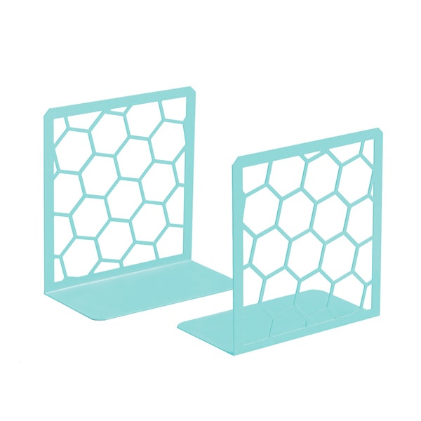 Honeycomb Book Ends (1 Pair) Unique Geometric Metal Bookends for Desks, Shelves