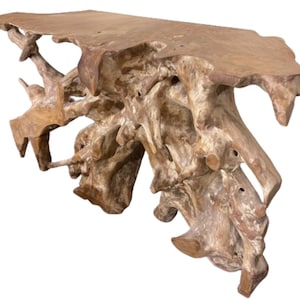 May include: A rustic, bleached wood console table with a unique, natural, and organic shape. The table has a wide, flat top and a base that resembles a tree root.