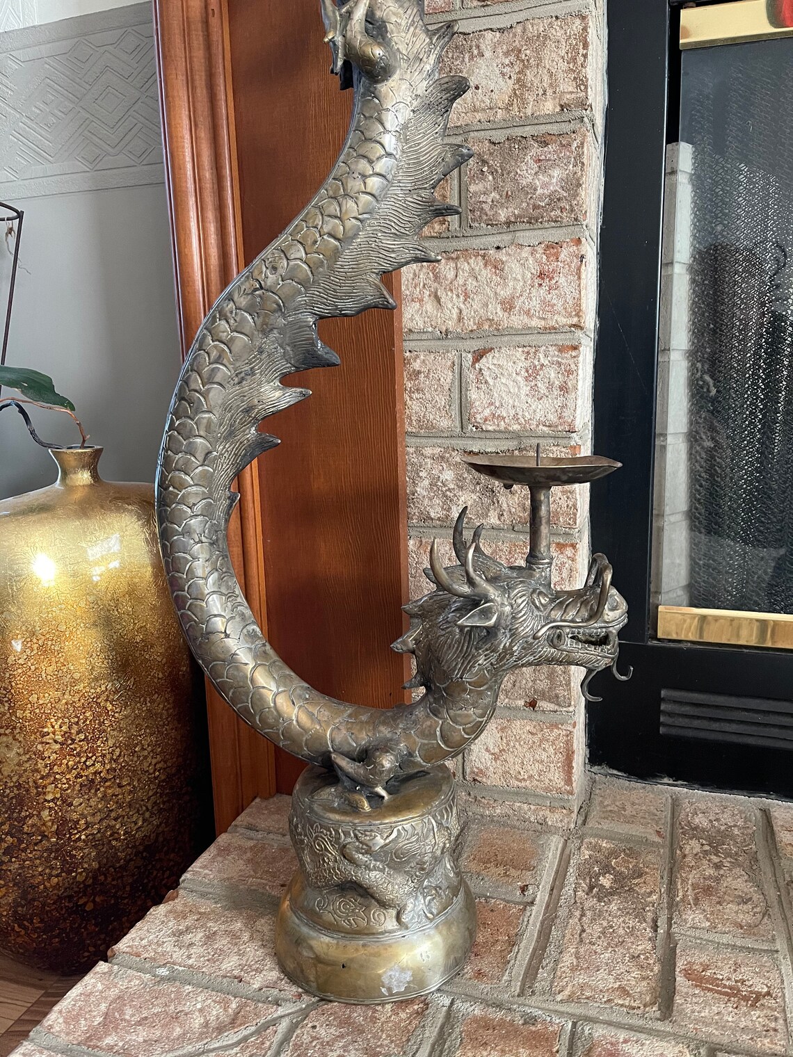 Vintage Large Brass Dragon Serpent Statue Chinese New Year Etsy