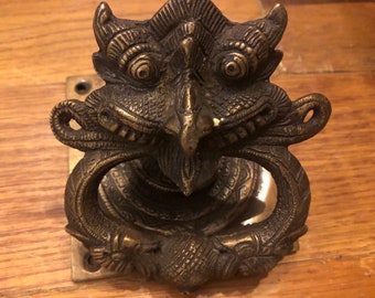 Vintage Solid Brass Scary Face Fu Dog Japanese Demon Chinese Eastern Art Foo Dog Door Knocker