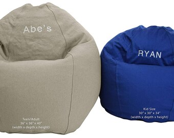 Classic Bean Bag Chair KID or ADULT SIZE - Eco-friendly Fill - Personalized Embroidered Name