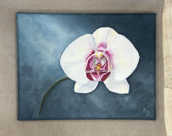 Blomsterkonst Orkidé Original Oljemålning Blå och Vit Konstdekor Kontorskonst Litet Konstverk Blomma Väggkonst Blå Vit Dekor Konst