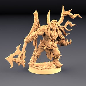 May include: A detailed miniature figurine of an Orc warrior, holding a large axe with a sharp blade. The Orc is wearing armor and a loincloth, and has a fierce expression on its face.