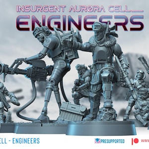Può includere: Un gruppo di figurine grigie in miniatura di soldati futuristici, etichettate come "Engineers". Le figure sono in varie pose d'azione, alcune con grandi armi. L'immagine include il testo "Echoes of Winter" e "Aurora Cell - Engineers".