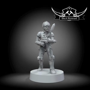 May include: A grey unpainted miniature figure of a humanoid robot standing on a circular base. The robot features a rounded head with circular eyes, segmented armour plating on the torso and limbs, and holds a blaster rifle. Black Remnant logo.