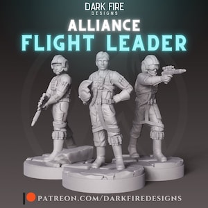 Peut inclure: Trois figurines miniatures en plastique gris de pilotes en combinaison de vol, tenant des armes et un casque. Les figurines sont debout sur des bases circulaires. Le texte "ALLIANCE FLIGHT LEADER" est en arrière-plan.